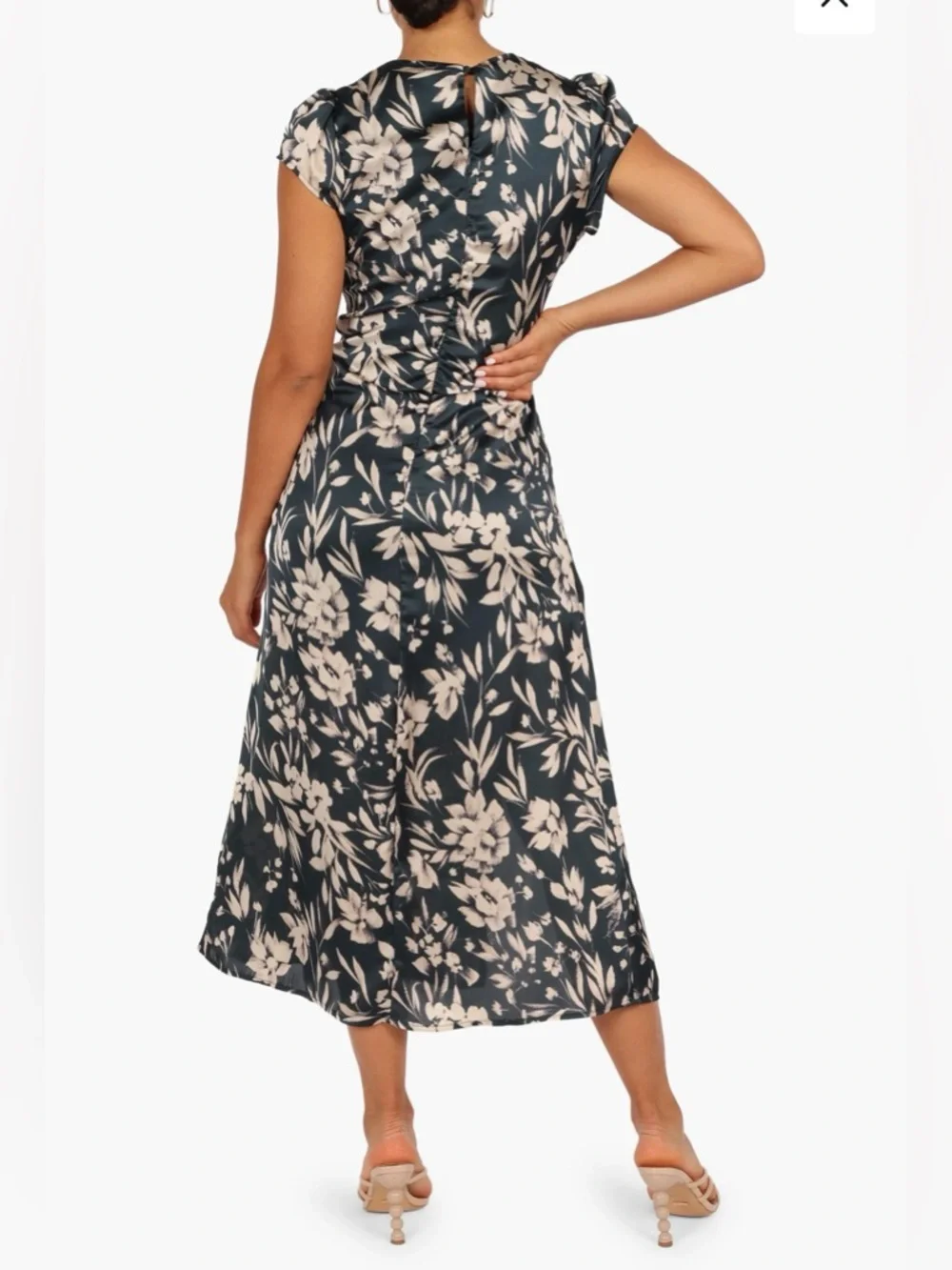Petal & Pup Lisbeth Floral Cap Sleeve Satin Teal Floral Print Midi Dress NWOT - Picture 3 of 10